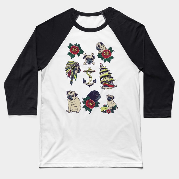 Pugs and the Sea Baseball T-Shirt by huebucket